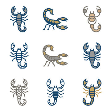 Set of Nine Scorpion Icon Illustrations Featuring Diverse Stylized Arachnid Designs for Graphic Projects and Web Icons 1