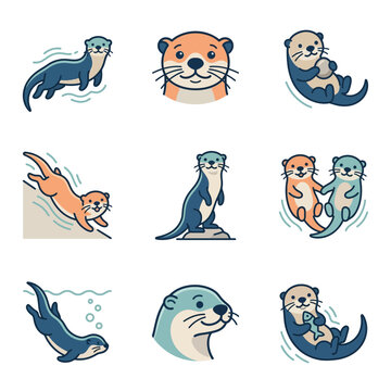 Set of Cute Otter Character Illustrations Displaying Playful Daily Activities and Expressive Poses in Minimalist Flat Art Style