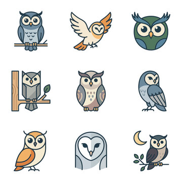 Collection of stylized owl character icons depicting various poses and nocturnal behaviors in a flat graphic illustration style