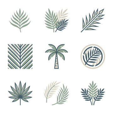 Set of Minimalist Tropical Palm Leaf Icons Featuring Botanical Foliage and Nature Illustrations for Design Projects