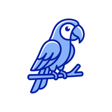 Minimalist blue parrot icon illustration depicting a stylized tropical bird perched on a branch for graphic design assets