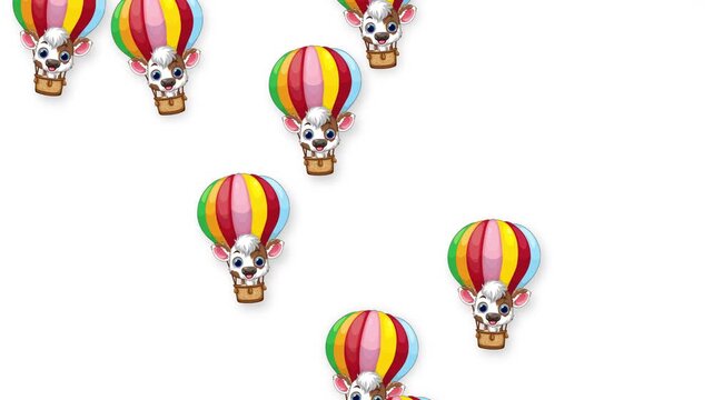 Cartoon Animals in Colorful Hot Air Balloons Falling on White Background