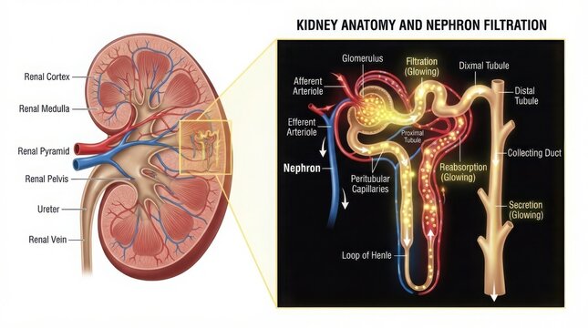 Detailed kidney anatomy with nephron filtration process. Medical illustration showing renal structure and function.