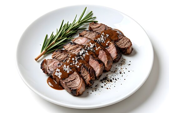 Sliced grilled beef steak topped with savory brown sauce, fresh rosemary, sea salt, and cracked black pepper on a round white plate isolated on a plain white background.