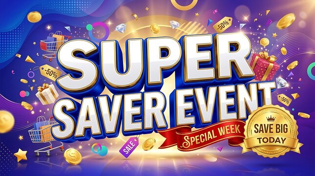 Vibrant 3D banner advertising a super saver event with shopping carts, gifts, and falling gold coins