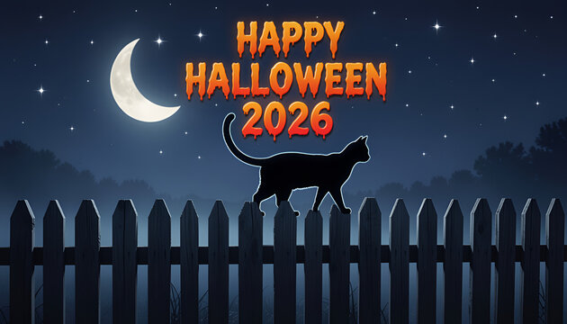 Black cat walking on a wooden fence under a crescent moon