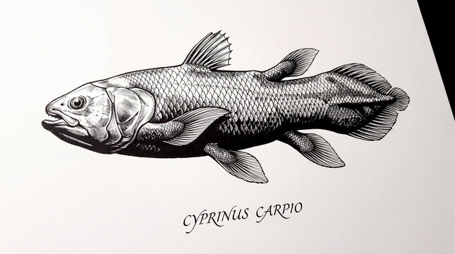 Detailed black and white illustration of a Coelacanth fish, also known as Latimeria chalumnae, with its scientific name below.