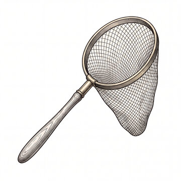 A detailed, hand-drawn illustration of a vintage butterfly net with a wooden handle, isolated on a white background.