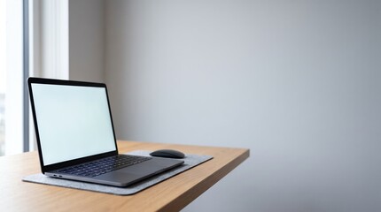 Fototapeta premium laptop with blank screen resting on wooden desk modern office setup photo