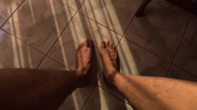 POV Bare Feet In Morning Sunlight Tile Floor Gresik Indonesia 06 August 2026