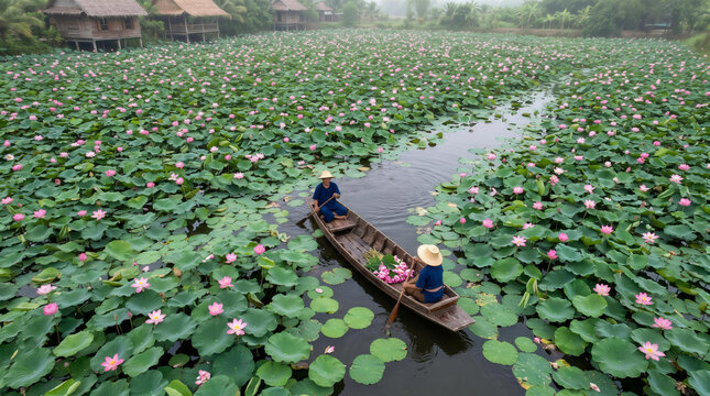 Aerial view of Thai farmers paddling wooden boat collecting flowers in vast blooming lotus pond