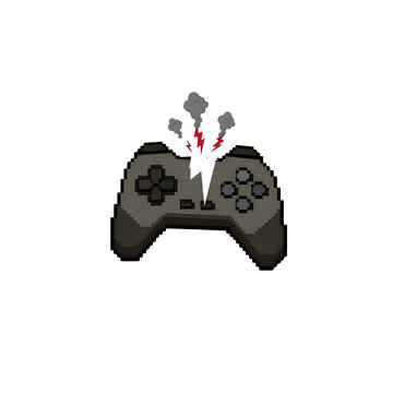 A stylized pixel art illustration of a broken, split-in-half game controller with smoke and lightning bolt effects, isolated on a white background, representing gaming issues or technical failure.