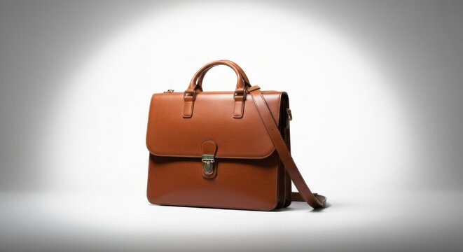 A stylish, brown leather briefcase, lit by a spotlight, on a white backdrop