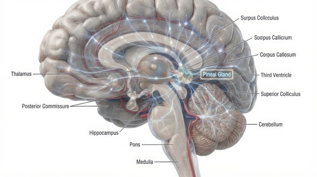 Detailed medical illustration of the human pineal gland radiating energy. Scientific diagram highlighting brain anatomy and endocrine system functi...
