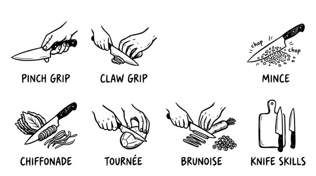 Hand drawn knife skill cutting technique icons pinch grip claw rock mince chiffonade tournee brunoise, black ink sketch vector illustration
