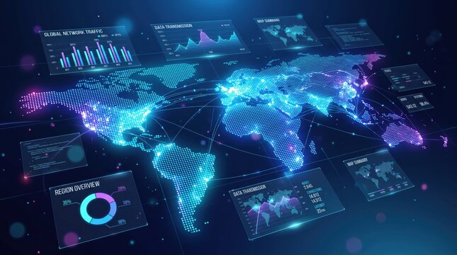 Futuristic global network traffic and data transmission visualization on world map, cyber security, internet connectivity, big data analytics, cloud computing, regional overview