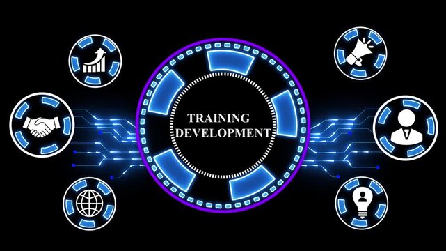 Trining davlopment Business Concept.Neon line Animated circuit board. Digital technology background.4k animation video..