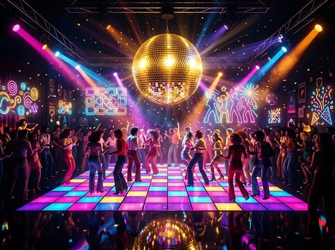 Vibrant 1970s disco dance floor scene with glittering mirror ball