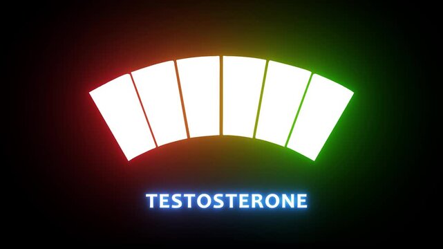 Testosterone level indicator gauge animation, hormone balance concept, medical health data visualization on black background