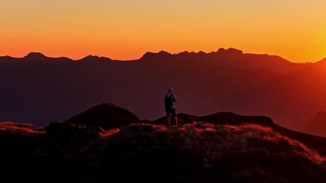 Hiker walking on Col d'Aubisque mountain pass ridge in the Pyrenees on golden hour sunset