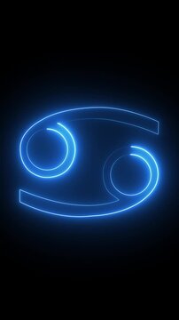 Glowing neon cancer zodiac sign animation, blue light astrology symbol on black background horoscope