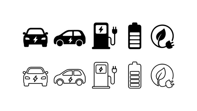 Electric Vehicle Charging Icon Set in Silhouette and Line Art
