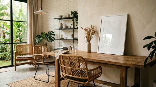 Large blank frame mockup leaning against dining room wall.