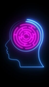 Neon human head silhouette with glowing brain maze, abstract mental health and psychology concept, artificial intelligence and cognitive thinking motion