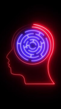 Neon human head silhouette with glowing brain maze animation, concept of mental complexity and artificial intelligence