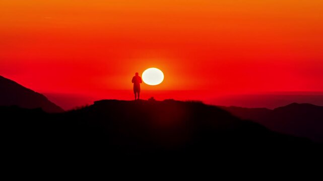 Silhouette of man standing on mountain summit at Col d'Aubisque watching dramatic red sunset over Pyrenees ridgeline