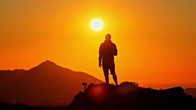 Hiker enjoying mountain sunrise on the peak of the Col d'Aubisque in the French Pyrenees