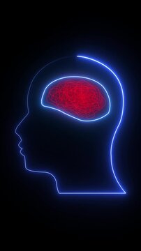 Neon human head silhouette with glowing red scribble brain concept: mental health, stress, and anxiety visualization