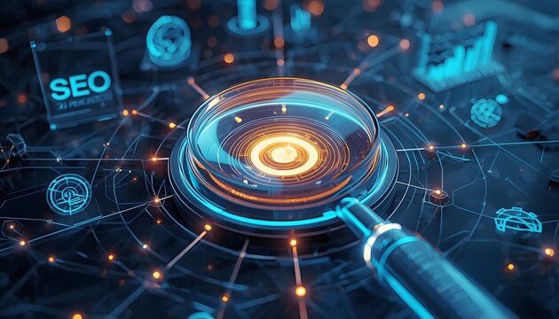 Futuristic SEO analytics scanner targeting digital growth. High-tech magnifying glass inspecting search engine optimization data for business success.