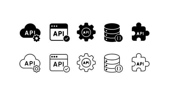API Integration Icon Set in Solid Silhouette and Linear Outline Styles