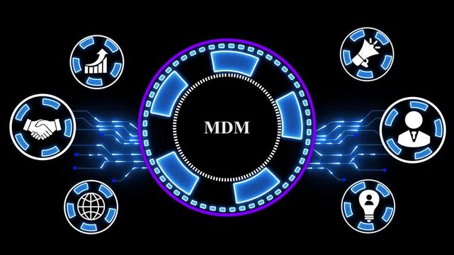 MDM Mobile Device Management Global Network Concept . Neon line Animated circuit board. Digital technology background.4k animation video,,4k