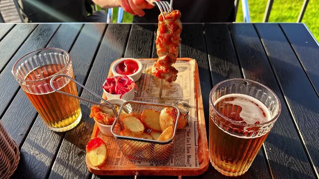 Hand removes grilled meat skewer with fork and dips into red sauce beside fried potatoes, pickled onions and beer glasses on wooden pub table outdoors
