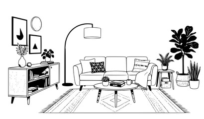 Fototapeta premium Contemporary Living Room Flat Vector Illustration with Modern Furniture Plants Pictures and Wall Clock