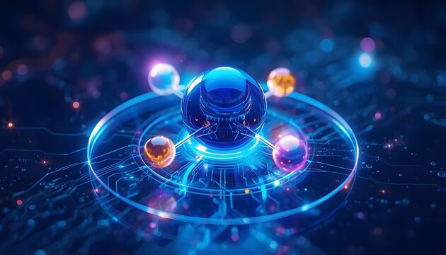 Abstract 3D innovation hub logo. Luminous blue sphere with digital orbit connections.