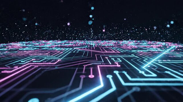 青とピンクのネオンに光る電子回路と粒子が駆け巡るサイバーパンク風の背景素材