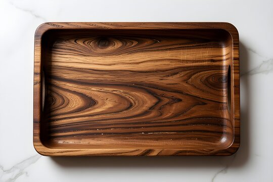 Wooden tray on white marble kitchen background. Space for design. Top view, flat lay. Mock up. Template.