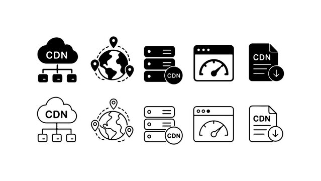 CDN Network Technology Icon Set in Silhouette and Outline Vector
