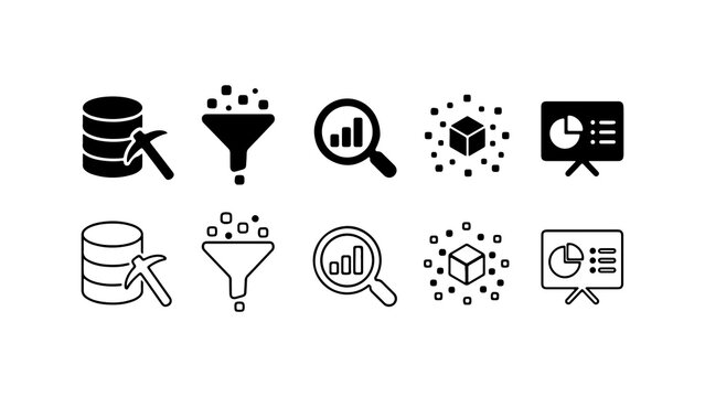 Data Mining and Analytics Icon Set in Silhouette and Outline Styles