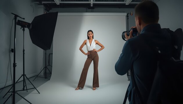 Professional fashion model posing for photographer during studio session with soft lighting setup with photographer capturing confident backdrop studio environment
