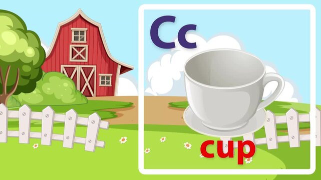 Educational Alphabet Animation Featuring Letter C and Floating Cup Object