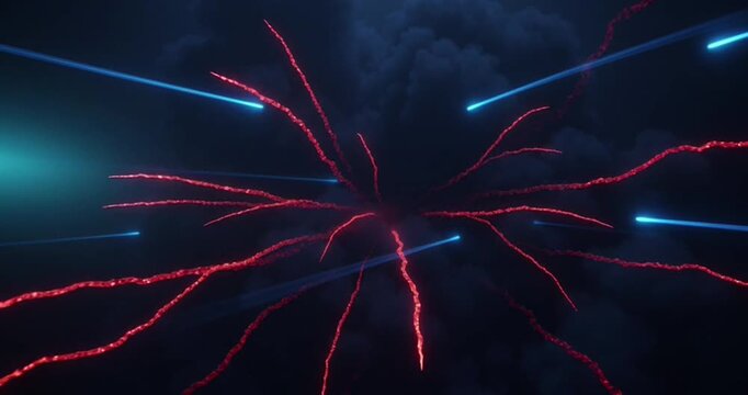 Glowing red particle explosion colliding with rapid blue energy laser beams in this high definition cinematic motion video clip featuring intense abstract digital sci-fi combat effects.