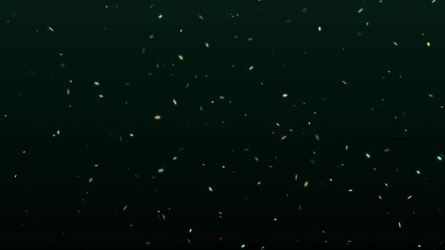Dark green background with glowing yellow and green fireflies floating. This magical seamless motion graphic particle loop is perfect for fantasy and nature aesthetic designs.