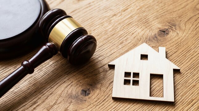 Real estate law concept with judge gavel and wooden house model on table