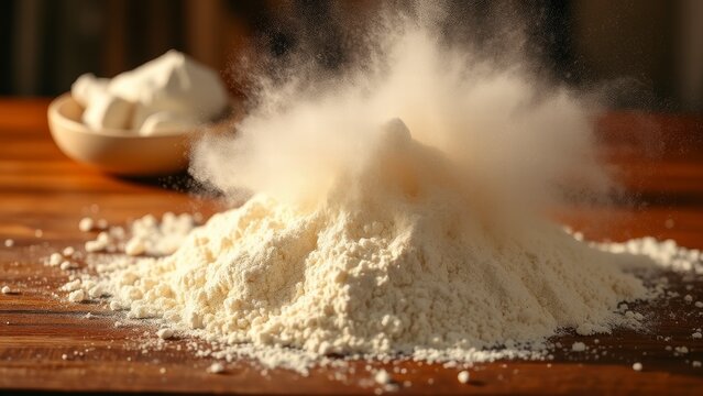 Flour explosion on a rustic wooden table