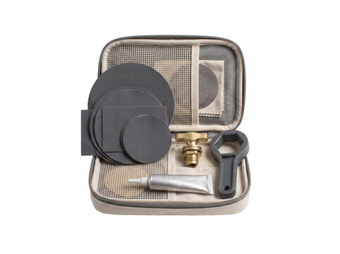 Bicycle tire repair kit in case. Flat tire patch set with glue and tools for cycling.