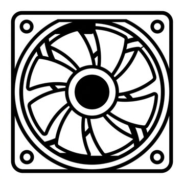 Minimalist black and white vector illustration of a computer cooling fan component for thermal management and hardware airflow